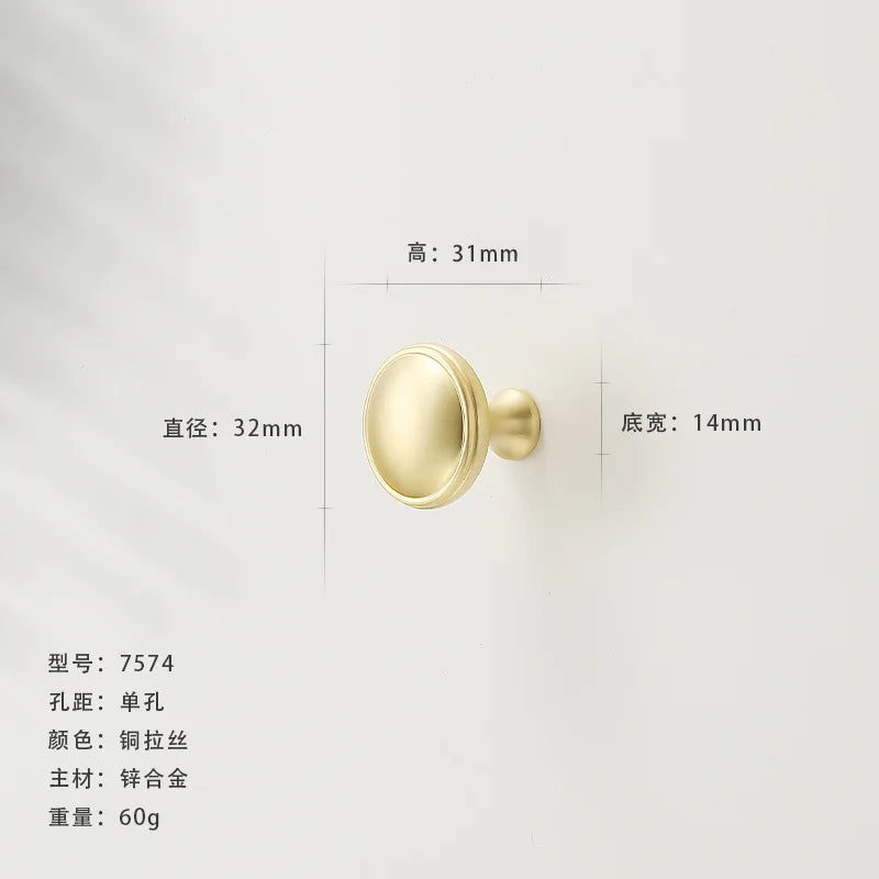 French-style Golden Wardrobe Door Handle Copper-finish, Single-hole Drawer Knob,