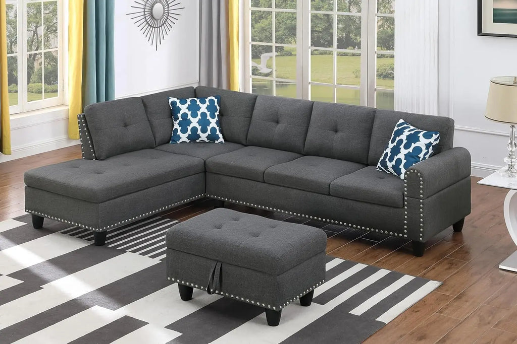 Modern L-Shape Sectional Sofa Chaise & Ottoman, 2 Pillows, Cup Holder