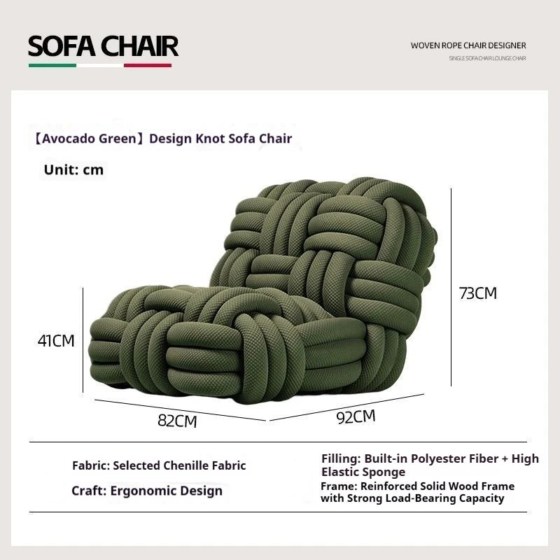 Custom Nordic Knit Lounge Chair, Handwoven Chenille Fabric, High Resilience Foam