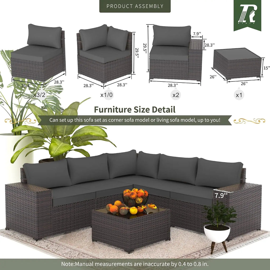 6 PCS Outdoor Patio Rattan Wicker Sectional Sofa Set with Coffee Table & Thickened Cushions,