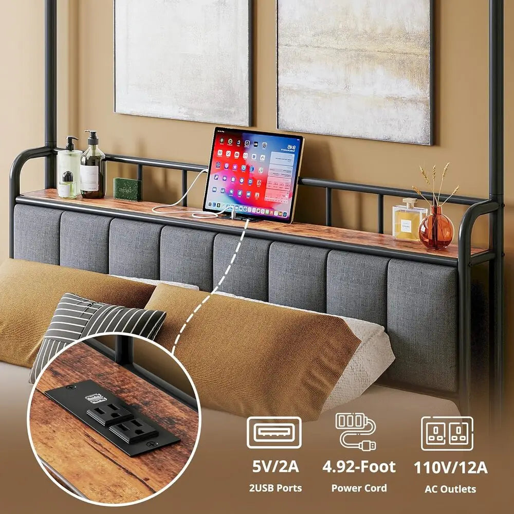 LIKIMIO Canopy Bed Frame Queen, Storage Headboard with Charging Station, Platform Bed with 4 Removable Sturdy Posts,
