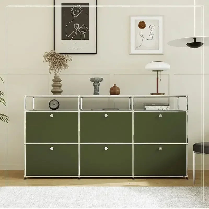 Olive Green Sideboard Storage Cabinets, Modular Combination Metal Frame for Living Room, Office