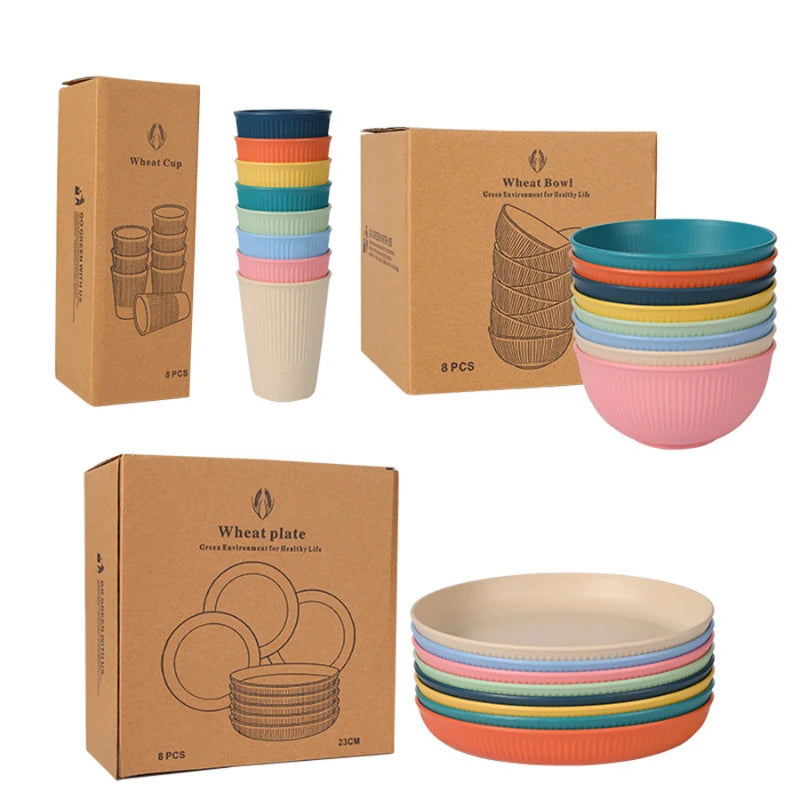Wheat Straw Dinnerware Set Eco-friendly Safety Plates Cups Bowels, Tableware Set for Outdoor Camping