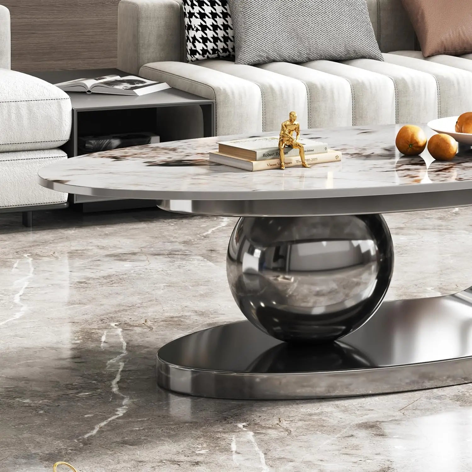 Modern Coffee Table with Silver Stainless Steel Pedestal, Oval Living Room Table with Faux Marble Top