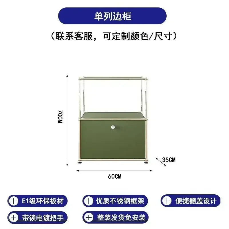 Olive Green Sideboard Storage Cabinets, Modular Combination Metal Frame for Living Room, Office