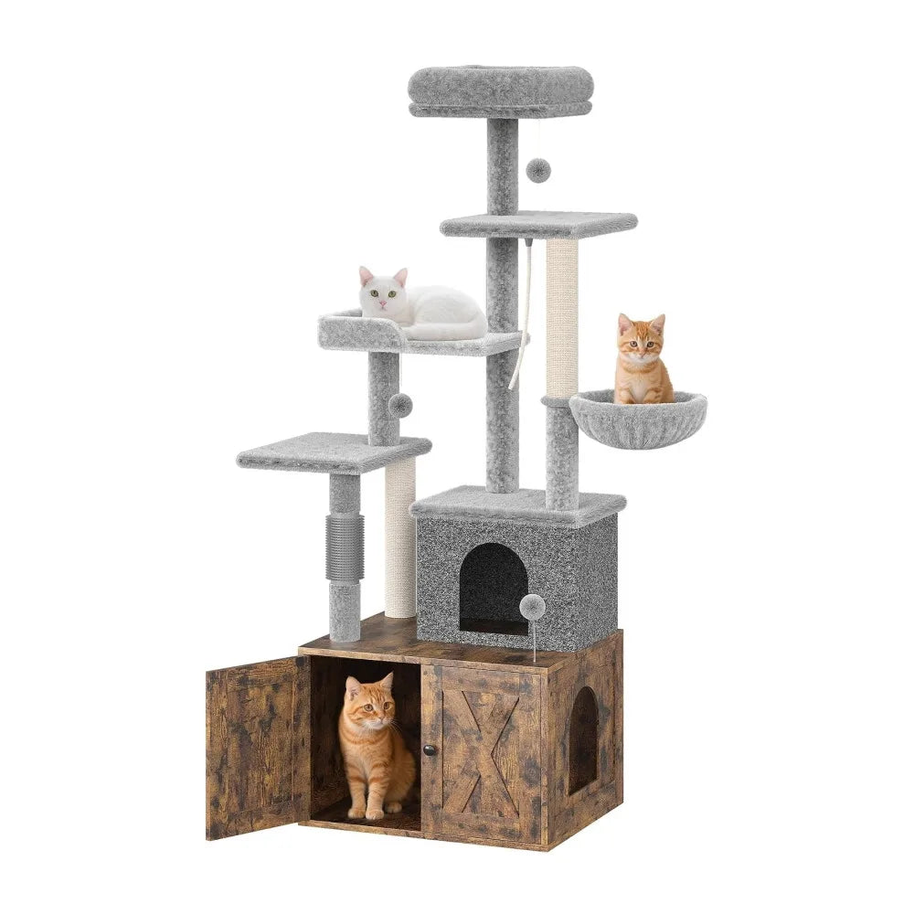 3-in-1 Modern Cat Tree with Hidden Litter Box Enclosure, Cat Condo Furniture with Scratching Post, Hammock & Platforms,
