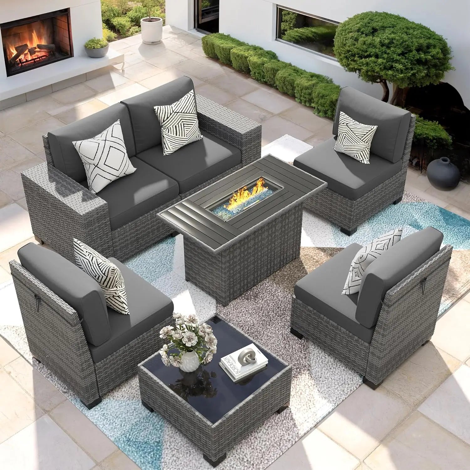 Patio Furniture Set with Fire Pit Table, 7 Piece Outdoor Sectional Conversation Sets Wicker Rattan Sectional Sofa,
