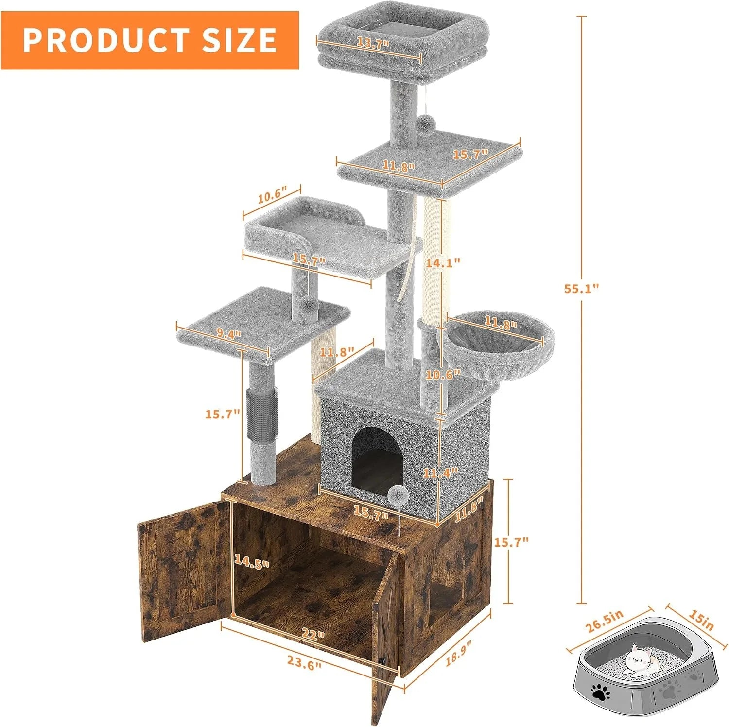 3-in-1 Modern Cat Tree with Hidden Litter Box Enclosure, Cat Condo Furniture with Scratching Post, Hammock & Platforms,