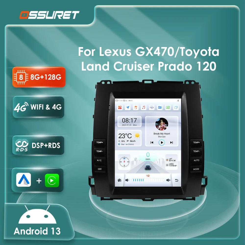 9.7"Carplay Android 13 Auto Car radio For Toyota Land Cruiser Prado 120 2002 - 2009 Lexus GX47 GPS Stereo 2din Multimedia player
