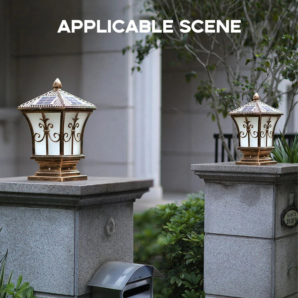 Round Solar Pillar Post Light Waterproof Outdoor LED Gate Lamp 3 Color Dimmable for Garden Patio Yard Decor