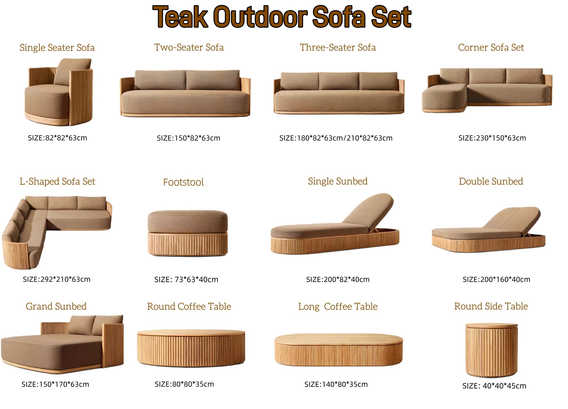 Outdoor patio teak sectional sofa set, Waterproof fabric sofa, table and chair covers, wood frame