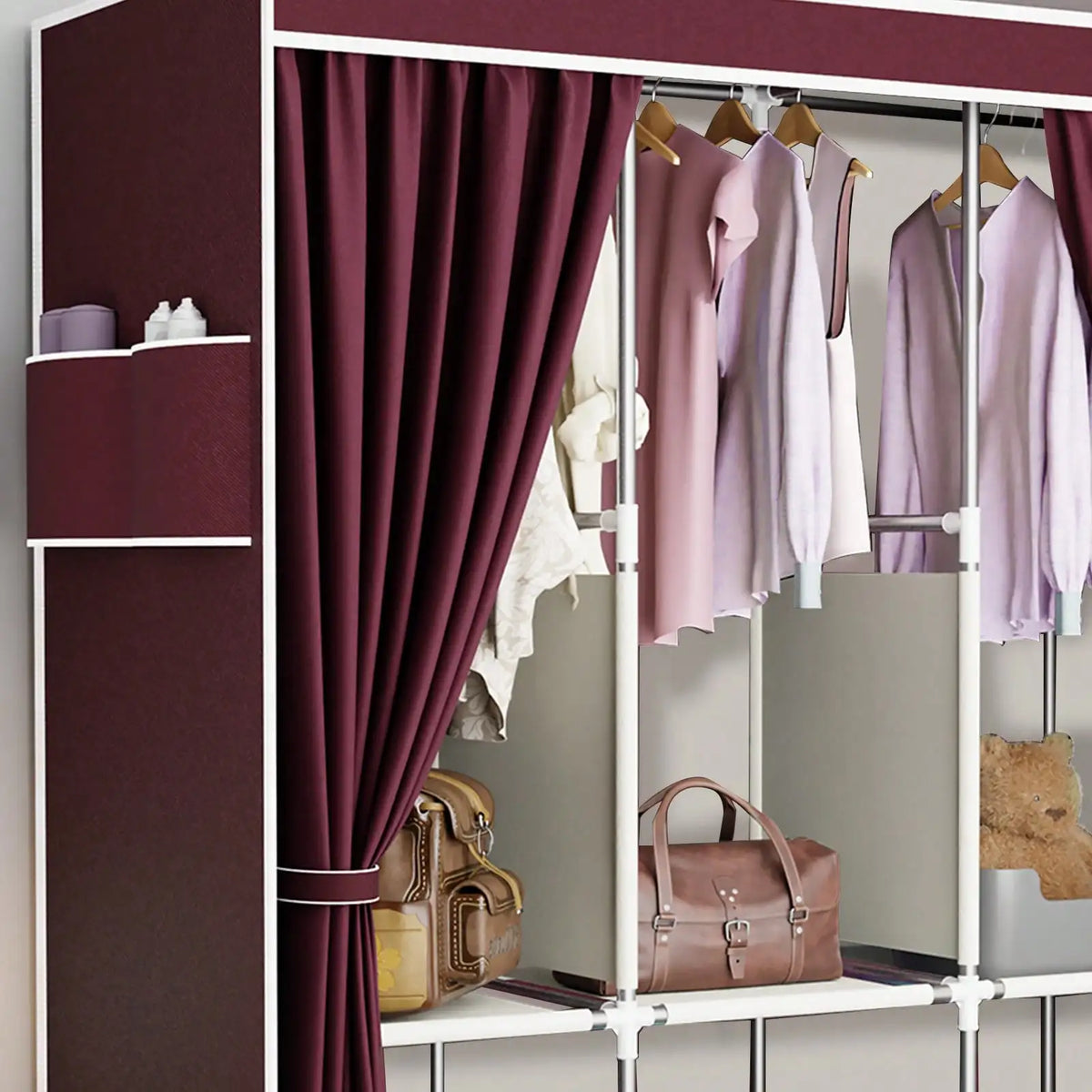 65" Portable Wardrobe Closet with Shelves & Hanging Rod, Large Capacity Cloth Storage Cabinet with Zipper Cover, Dustproof Non-Woven Fabric Organizer