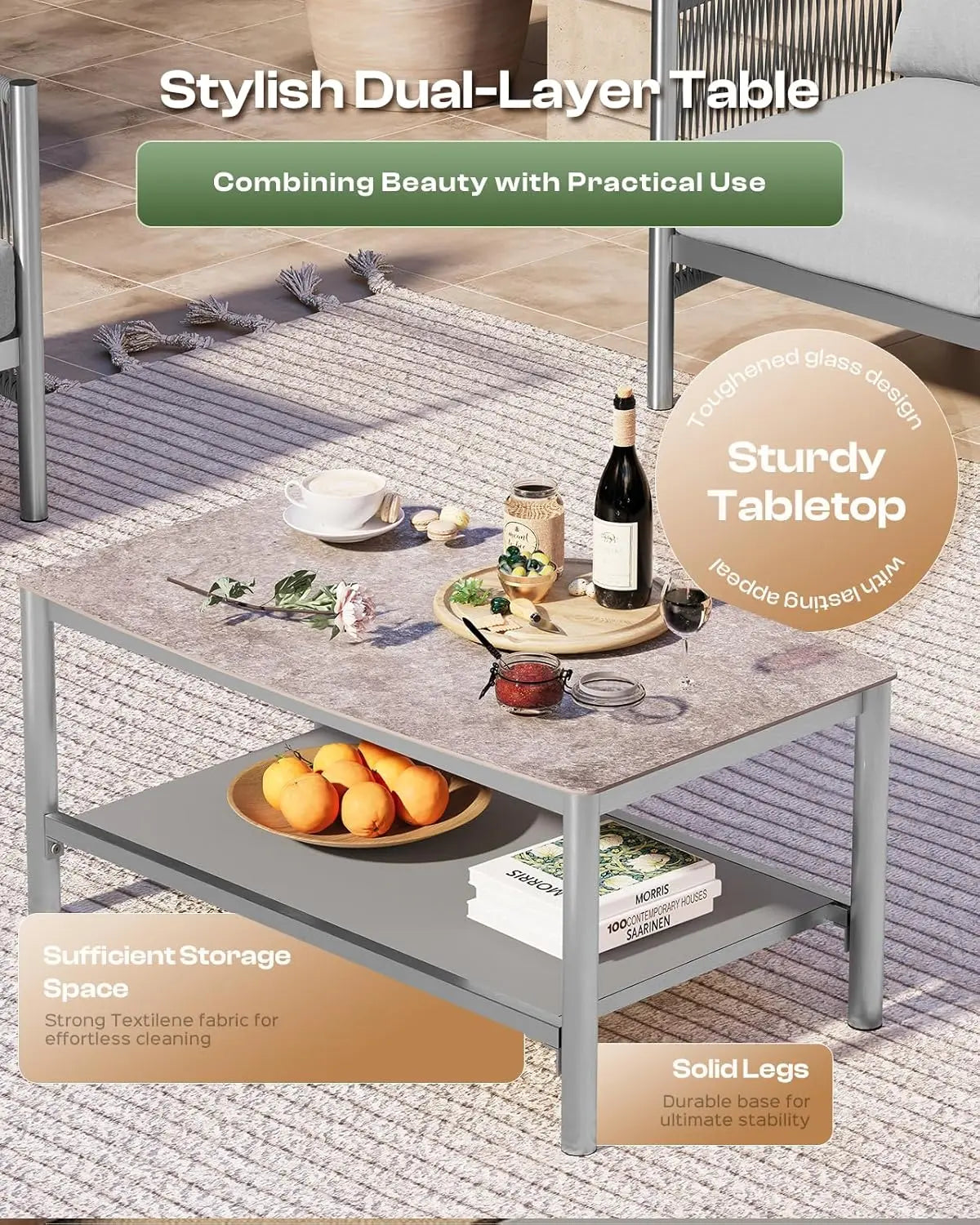 5 Piece Aluminum Outdoor Patio Furniture Set with Dual-Layer Coffee Table,