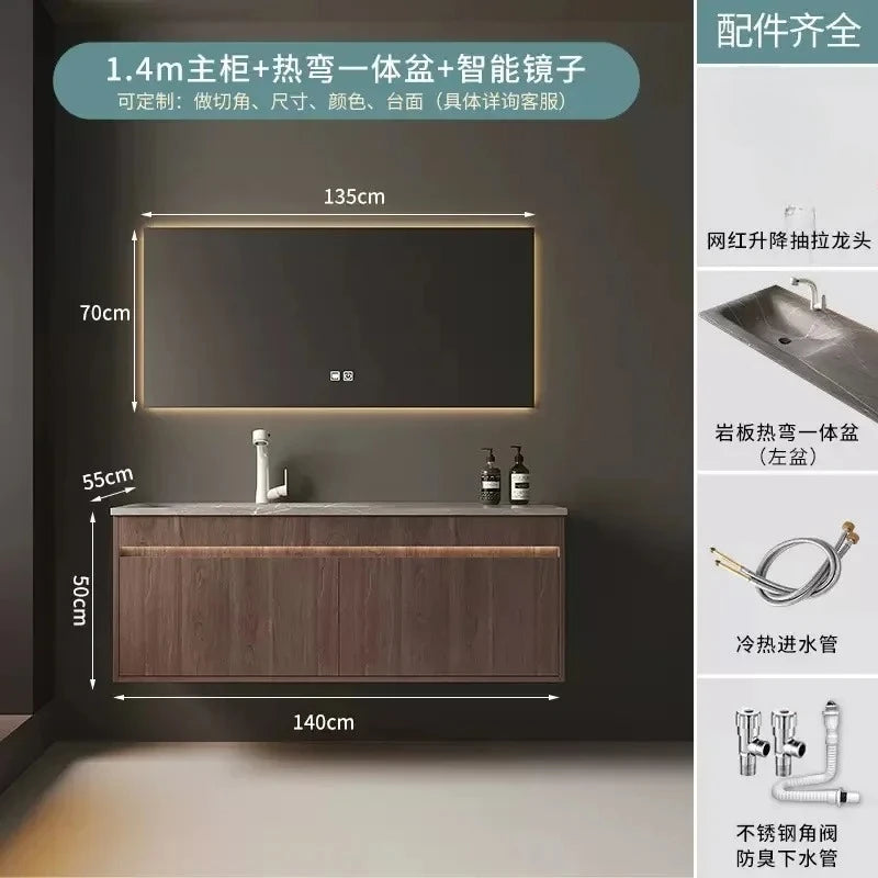 Light Luxury Vanity, Modern Solid Wood Bathroom Sink Cabinet, Rock Slab Integrated Washbasin