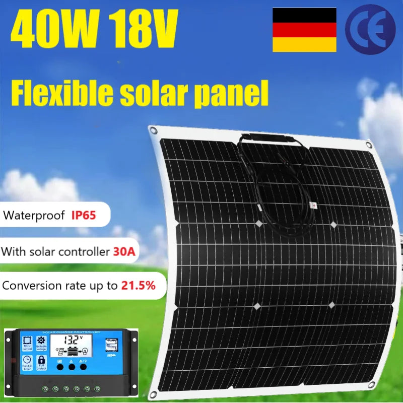 PowMr 40W Solar Panel 12V Flexible Solar Panel Kit Complete Portable Solar Battery Charge Phone With 30A Controller Camping Home