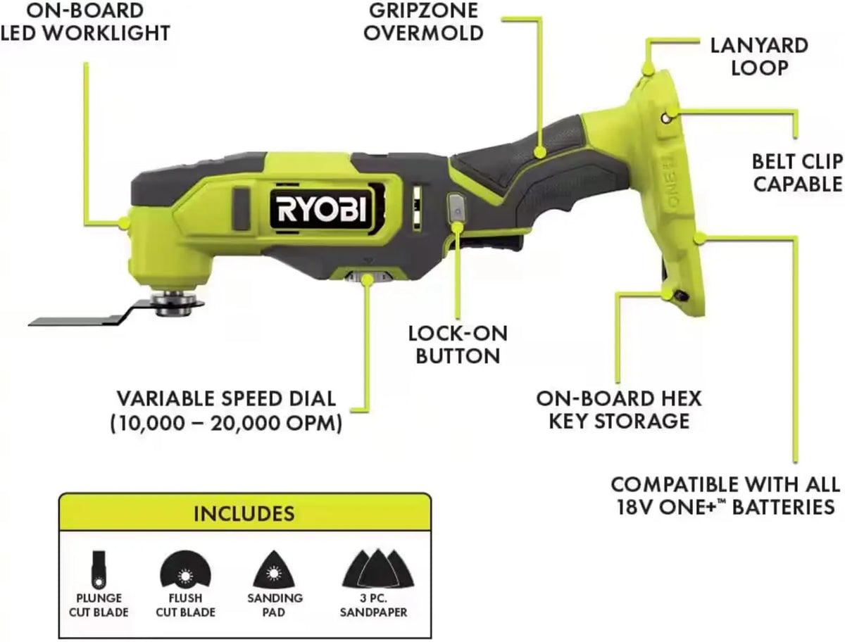 6 Power Tools Combo Kit Bundle with Tool Bag, and Holster, 6 Ryobi Tools, 2 Batteries, Charger, and 40 Piece Drill Bit Set