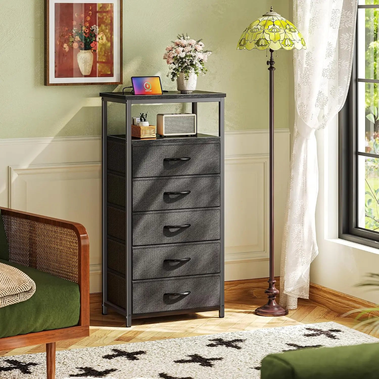 Huuger 5 Drawers Dresser with Charging Station, Chest of Drawers with Open Shelf,