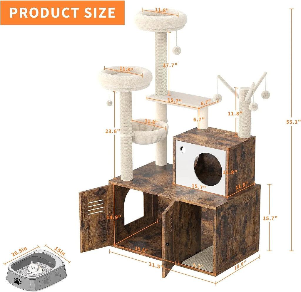 Cat Tower with Litter Box Enclosure, 2-in-1 Modern Cat Tree, 55.1-Inch Cat Condo with Scratching Posts,