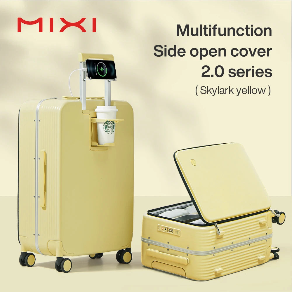 Mixi New Aluminum Frame Suitcase Carry On Rolling Luggage with USB Port, Boarding Cabin Cup, and Phone Holder