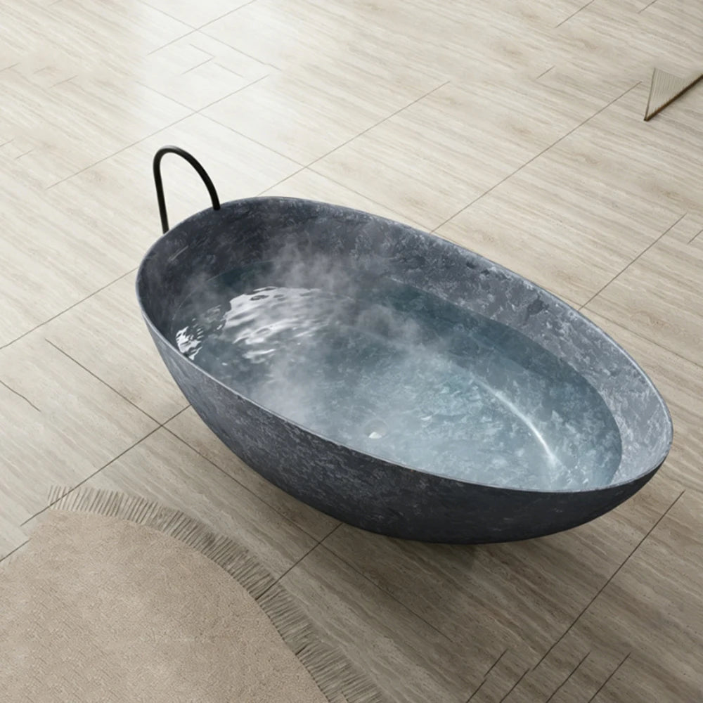 1600mm Dark Blue Grey Marble Grain Artificial Stone Freestanding Oval Double Bathtub for Hotel Home Couple RS110B