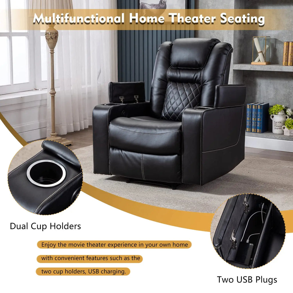 Electric Power Recliner Chair with USB Ports and Cup Holders, Breathable Leather Home Theater Seating,