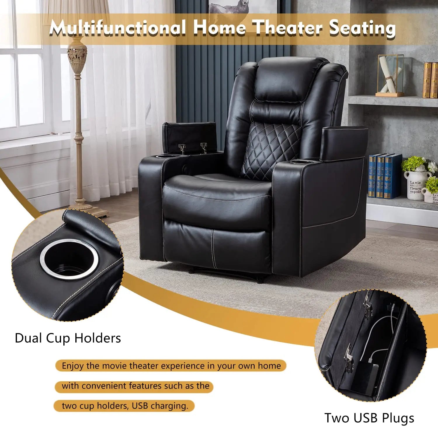 Electric Power Recliner Chair with USB Ports and Cup Holders, Breathable Leather Home Theater Seating,