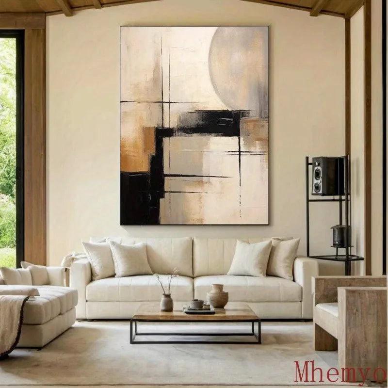 Mhemyo Black & Beige Abstract Canvas Art Decor, Textured Wabi-Sabi Style, Frameless, Modern Home Aesthetics, Textured Canvas Art