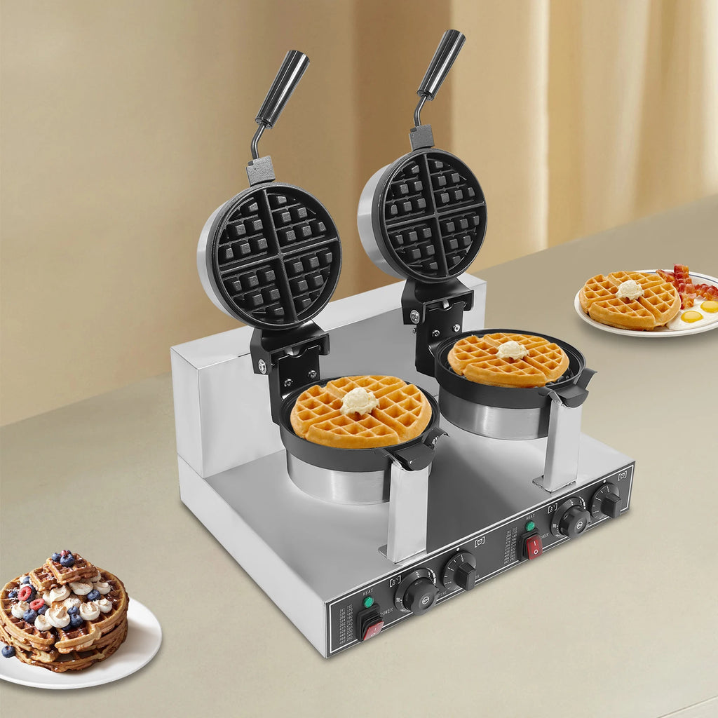 Silver 201 Stainless Steel Waffle Maker,110V Double Head Waffle Maker Machine Tabletop 50*39*30cm for Home,Dessert Stores