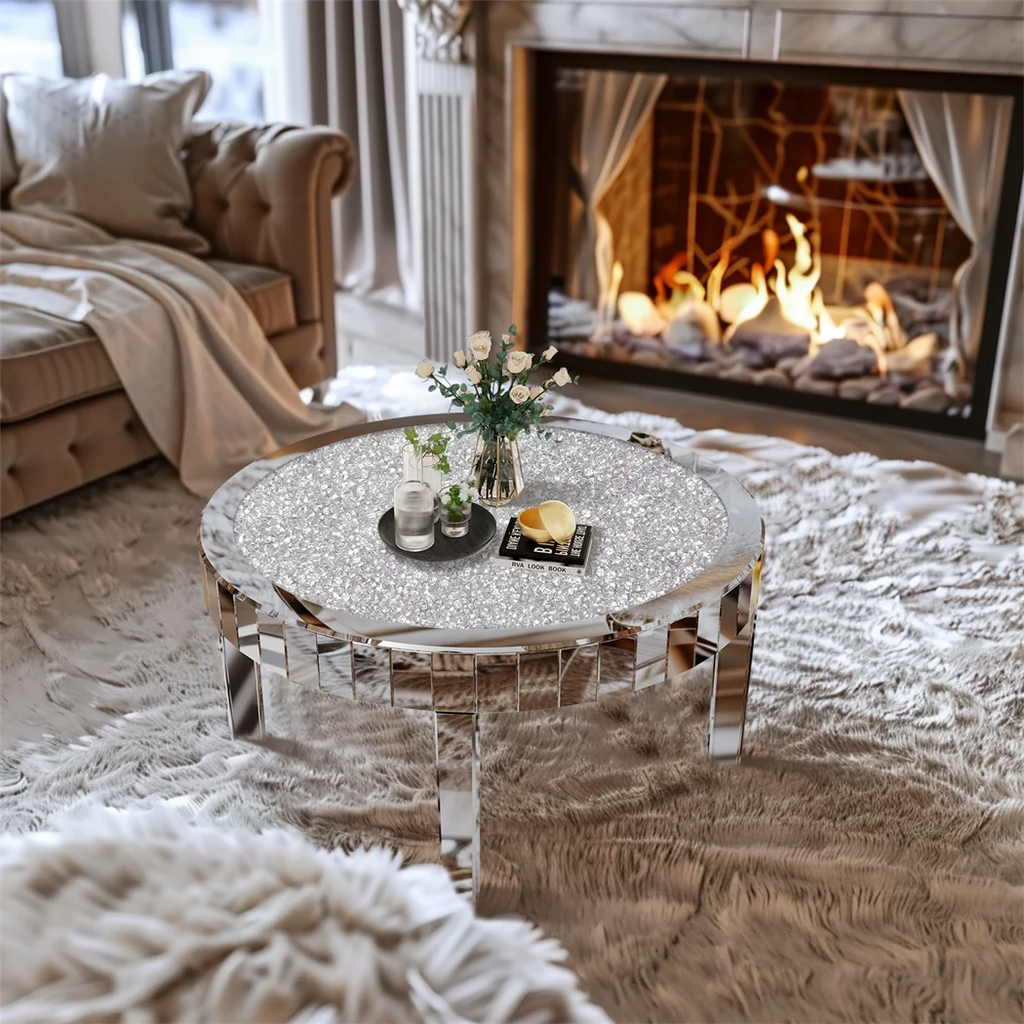Luxury Silver Round Mirrored Coffee Table, Elegant Accent Side Table with Glass Tabletop