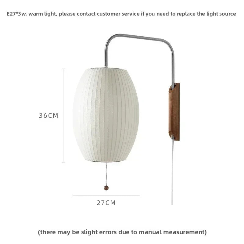 Modern Japanese Style Wall Lamp with Pull Chain Walnut Wood Base Silk Shade LED