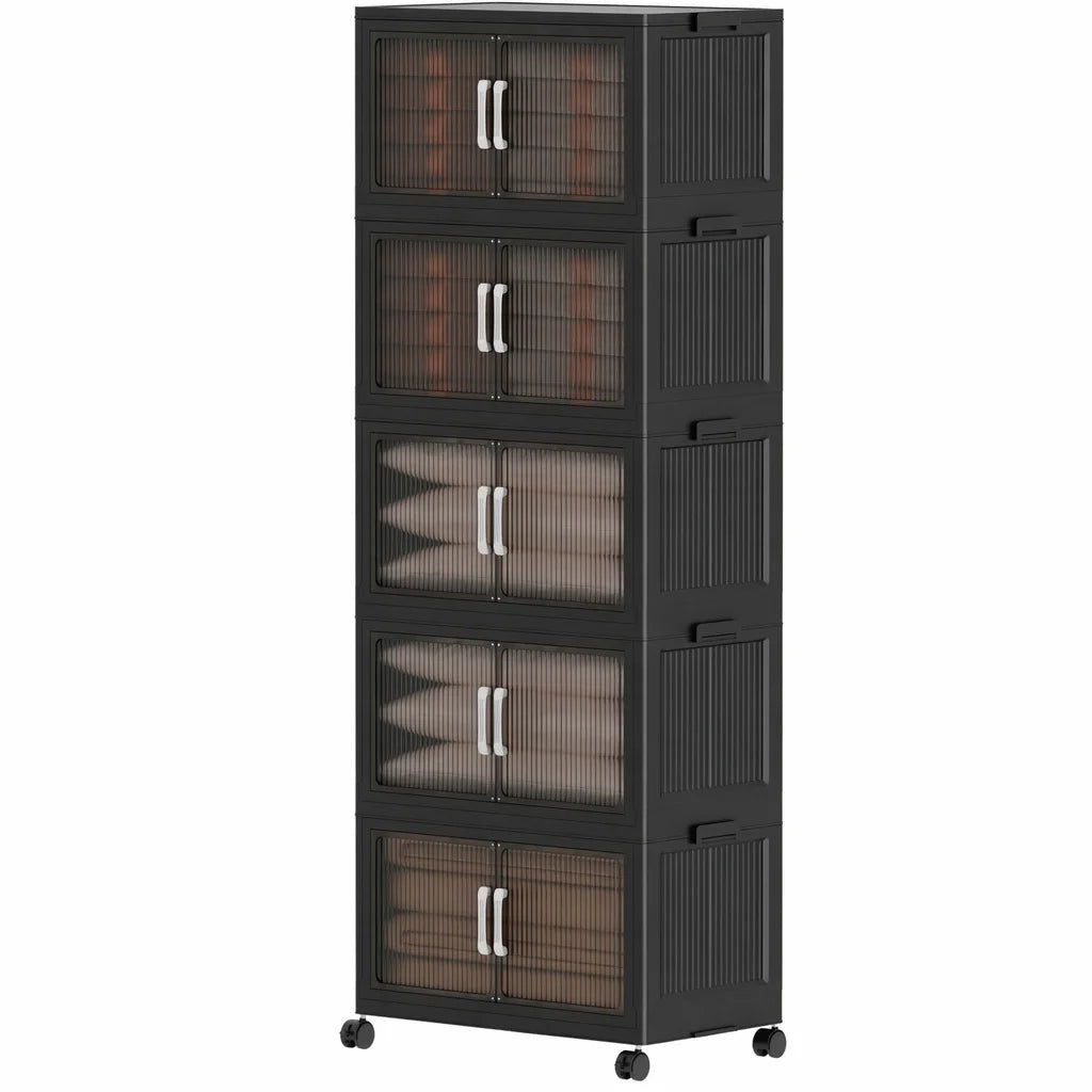 Foldable Storage Cabinets with Wheels, Stackable Plastic Storage Organizers with Transparent Flap Doors,