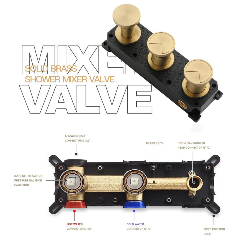 Minimalist Brown Brass Wall Mounted Rainfall Bathroom Shower System Double Handle Hot Cold Mixer Tap Adjustable Water Flo