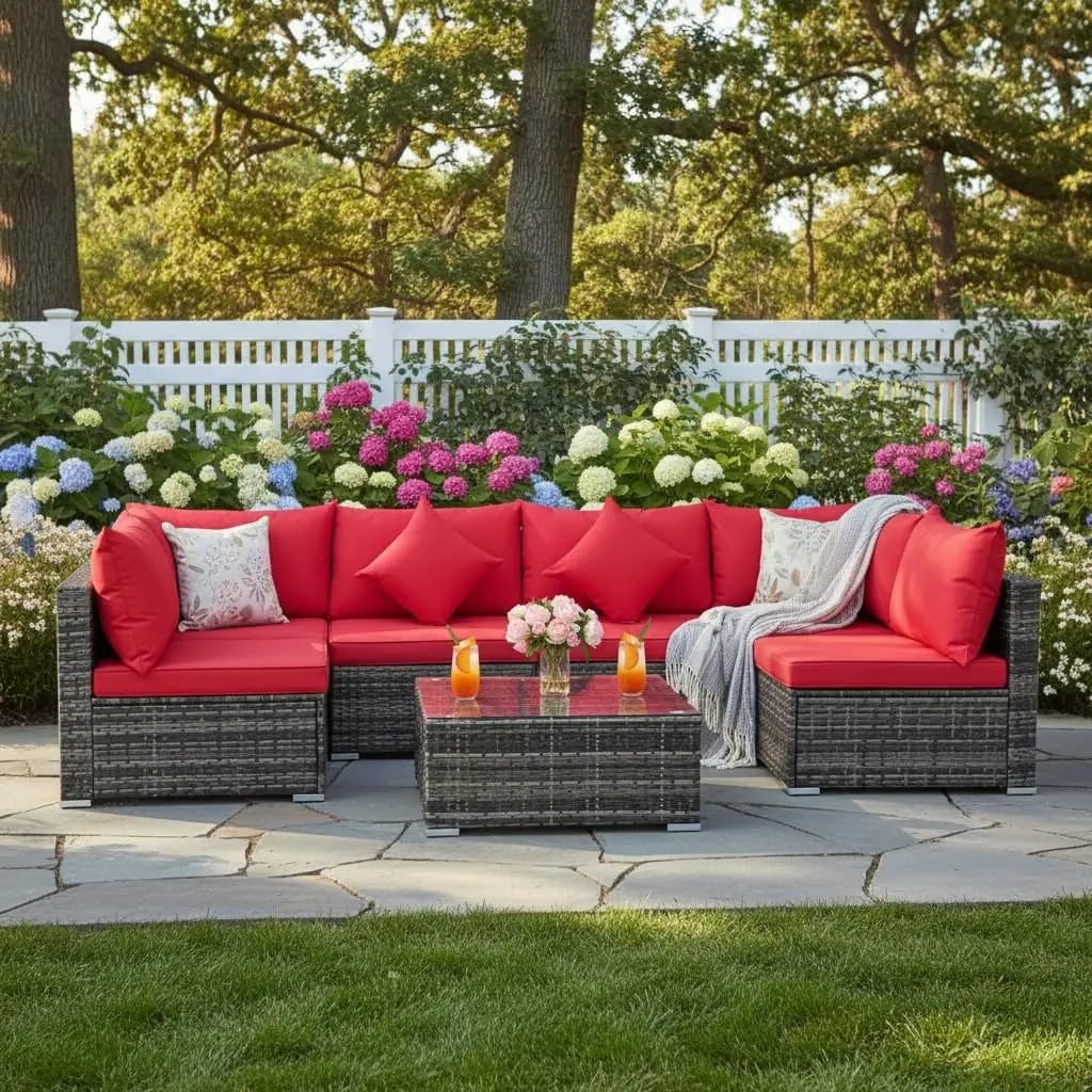 7 Pieces Wicker Patio Furniture Set, All-Weather Outdoor Rattan Sectional Sofa Set with Cushions & Tempered Glass,