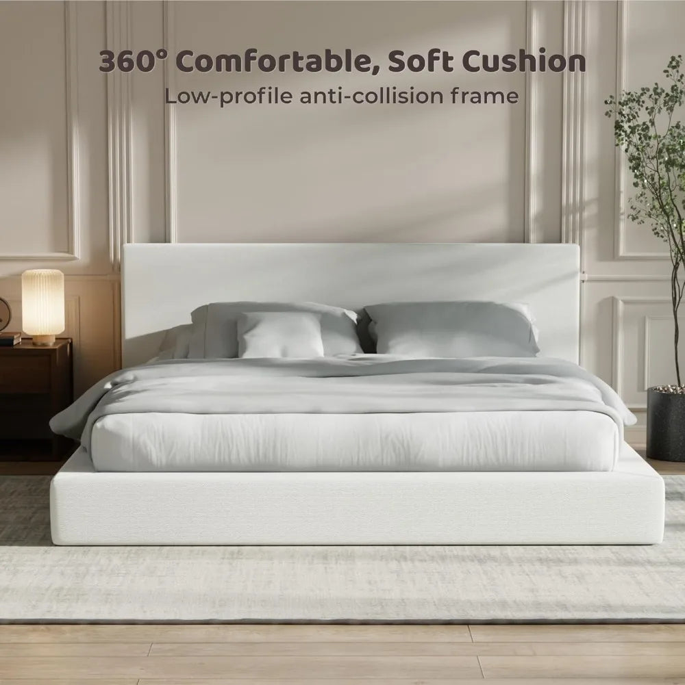 King Size Cloud Platform Bed Frame with Headboard, Upholstered Foam Cushioned Bed, No Box Spring Needed, White