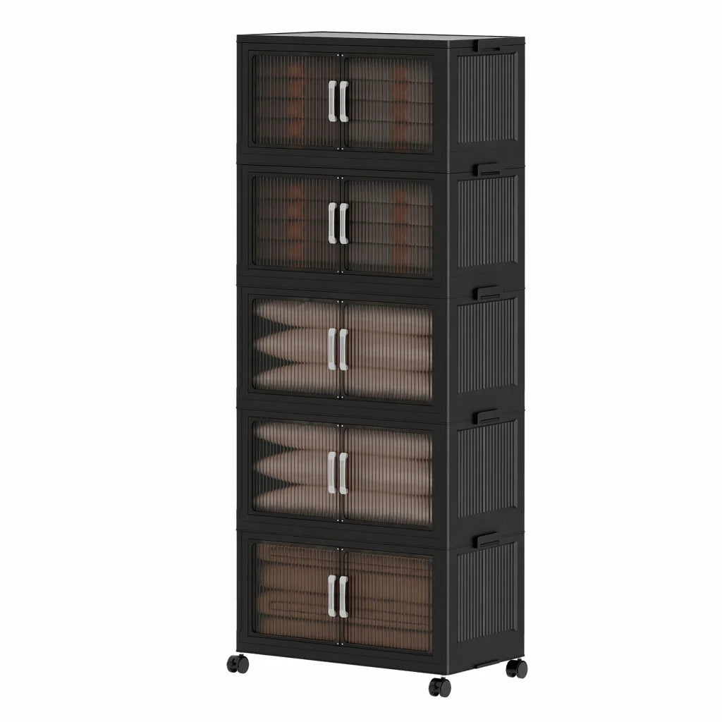 Foldable Storage Cabinets with Wheels, Stackable Plastic Storage Organizers with Transparent Flap Doors,