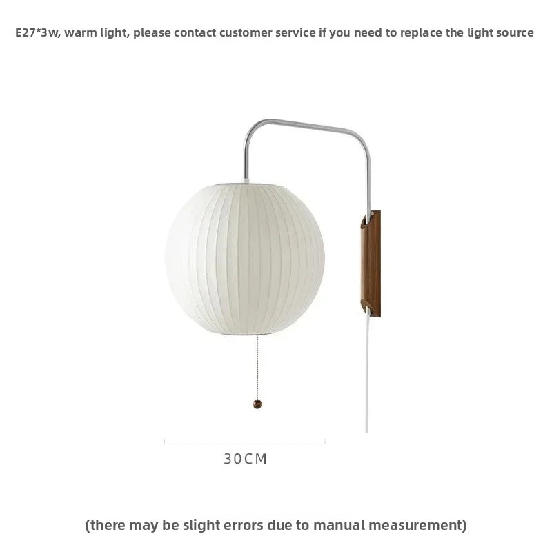 Modern Japanese Style Wall Lamp with Pull Chain Walnut Wood Base Silk Shade LED