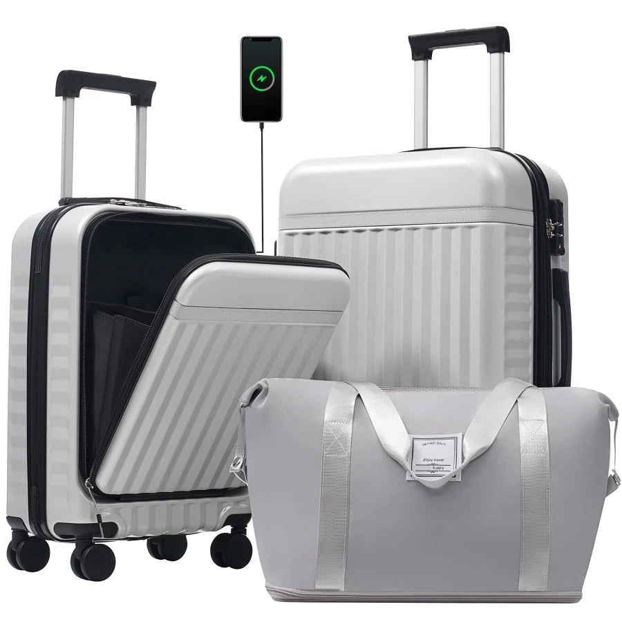 Front Opening Luggage Set 3 Piece: Hardside Carry-on Suitcase with USB Port, Expandable Spinner Wheels, TSA Lock, ABS/PC Materi