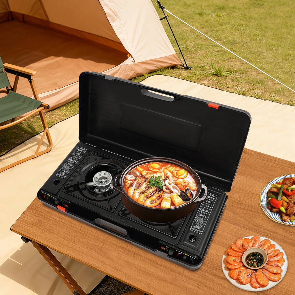 2 Burners Portable Camping Stove, 2.5KW Auto Ignition Butane/LPG Gas Stove w/Baking Tray + Carrying Case