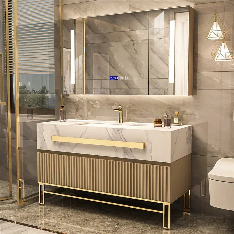 Luxury Bathroom Vanity with Single/Double Slab Ceramic Sink Bathrooms Vanity Smart LED Light Cabinet Sink Bathroom Furniture Set