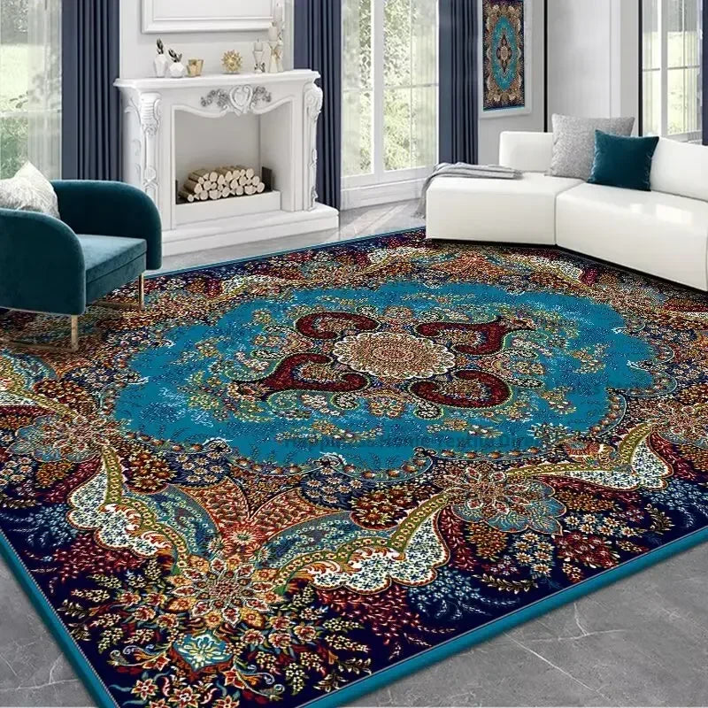 Persian Deluxe Ethnic Style Carpet for Living Room Blue Home Decor Bedroom Tea Table Rug Washable Short Plush Lounge Floor Mats