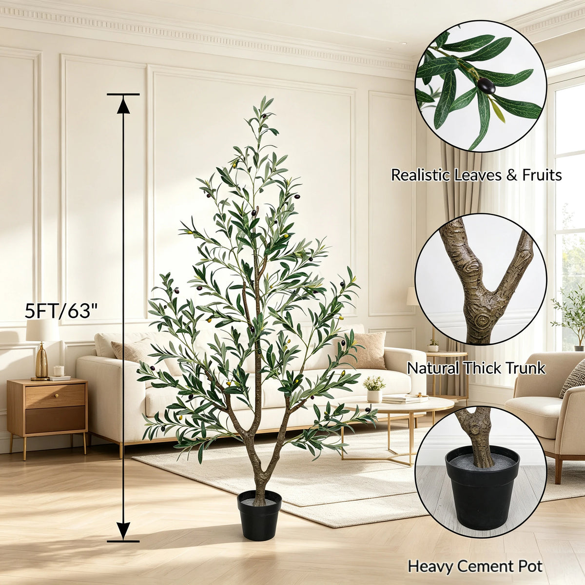 1.5/1.8/2.1m Artificial Olive Tree with Black Pot, Outdoor Indoor Artificial Plant with Natural Wood Trunk and Lifelike Fruits