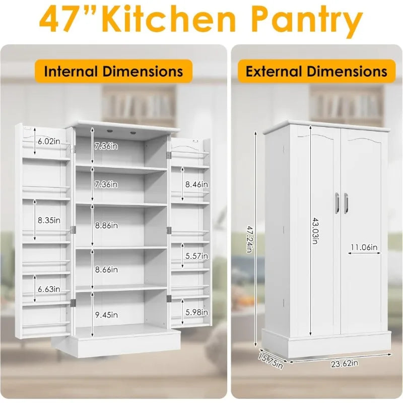 Freestanding Pantry Cabinet with Adjustable Shelves and Doors for Kitchen Dining Room White Storage Cupboard