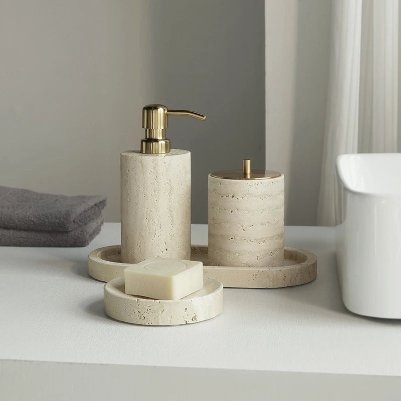 Travertine Bathroom Accessories Set Luxury Soap Dish Soap Dispenser Reed Diffuser Tissue Box Tray Bathroom Set