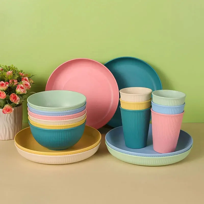 Wheat Straw Dinnerware Set Eco-friendly Safety Plates Cups Bowels, Tableware Set for Outdoor Camping