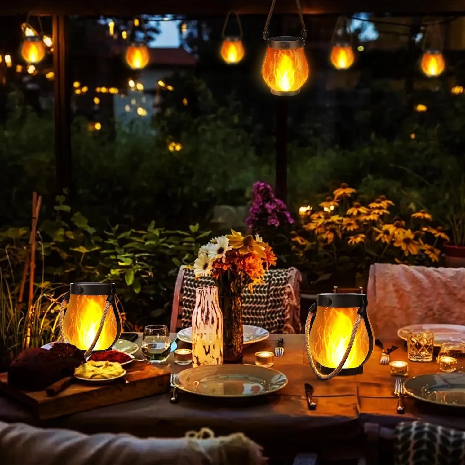 Solar Flame Rope Lantern Type-C Fast Charging Waterproof Hanging Lamp with Flickering 3D Flame for Garden Patio Camping Decor