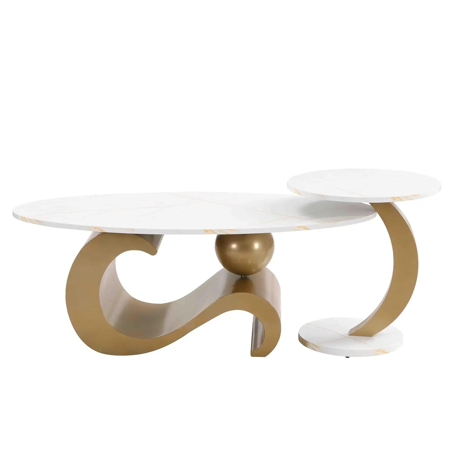 Modern Coffee Table with Silver Stainless Steel Pedestal, Oval Living Room Table with Faux Marble Top