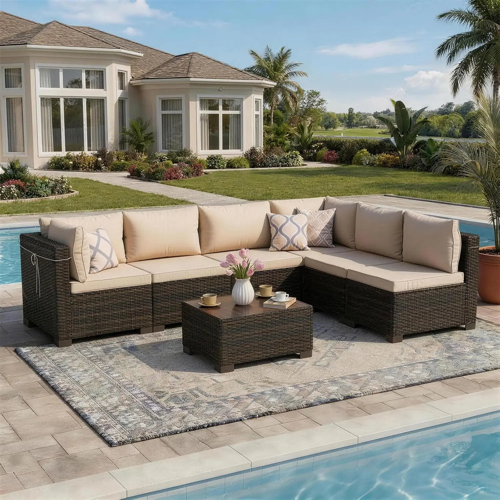 7 Pieces Rattan Wicker Sectional Sofa Set, with Tea Table