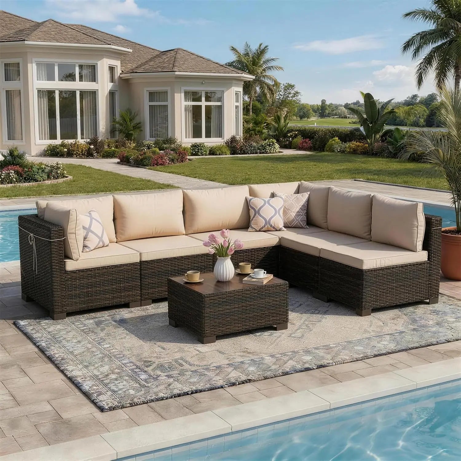 7 Pieces Rattan Wicker Sectional Sofa Set, with Tea Table