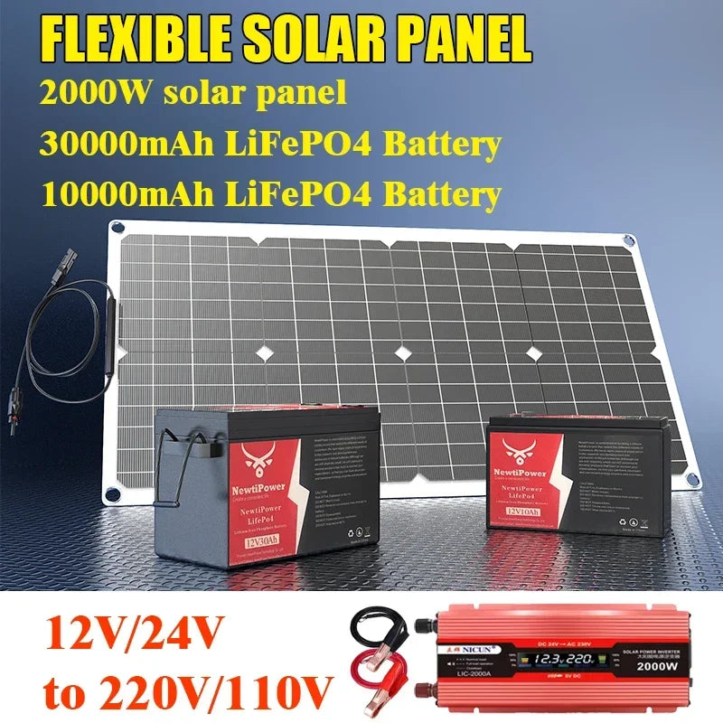 2000W Off-Grid Solar Complete Kit Power 100A Controller,110V 220V Inverter&10AH 30AH LiFePO4 Battery