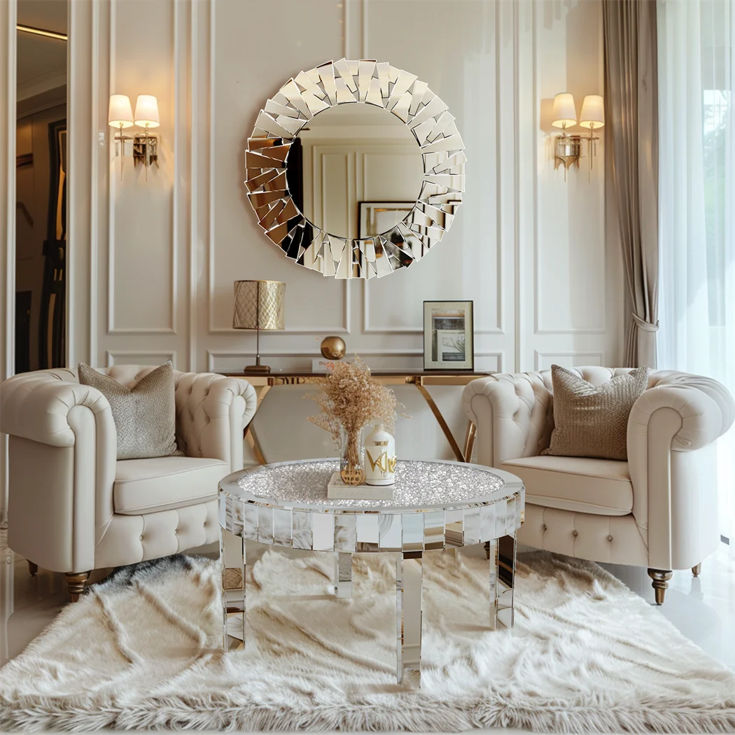 Luxury Silver Round Mirrored Coffee Table, Elegant Accent Side Table with Glass Tabletop